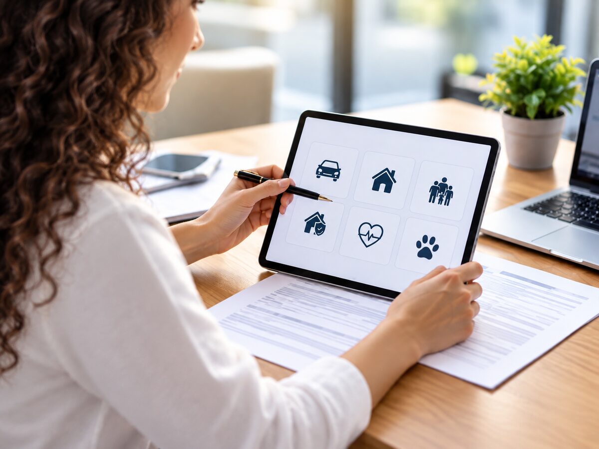 Pessoa apontando para ícones de seguros (carro, casa, família, pet) em um tablet